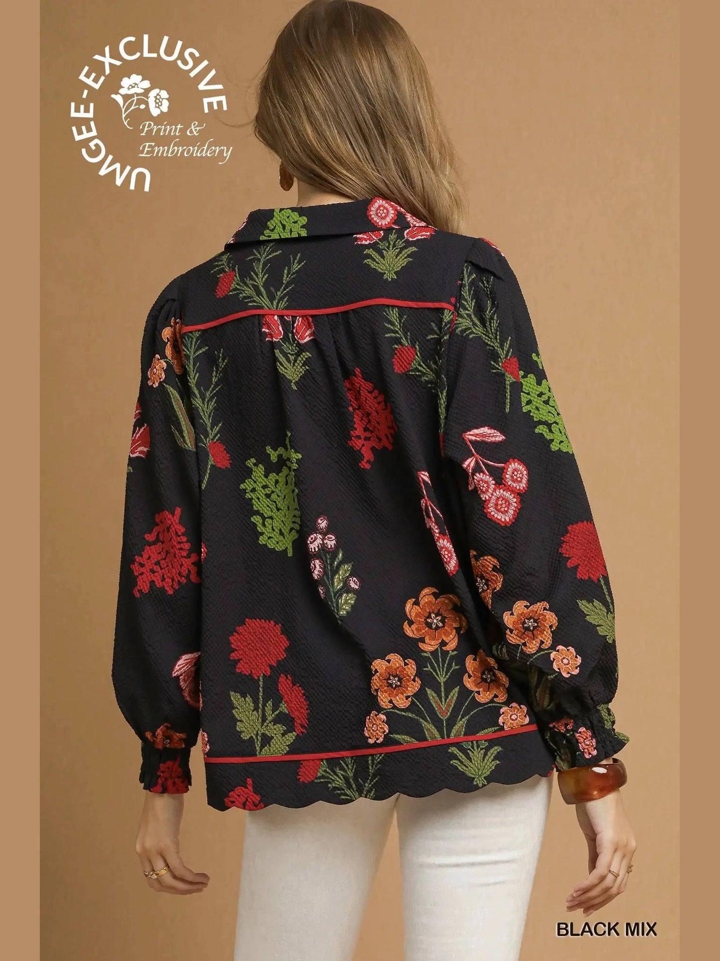 Top Black Floral Textured Collard Long Sleeve C5460