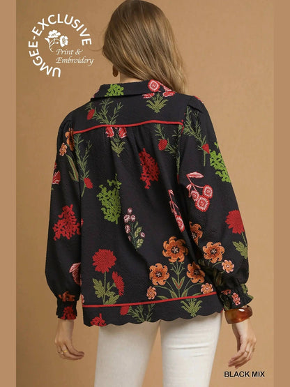 Top Black Floral Textured Collard Long Sleeve C5460