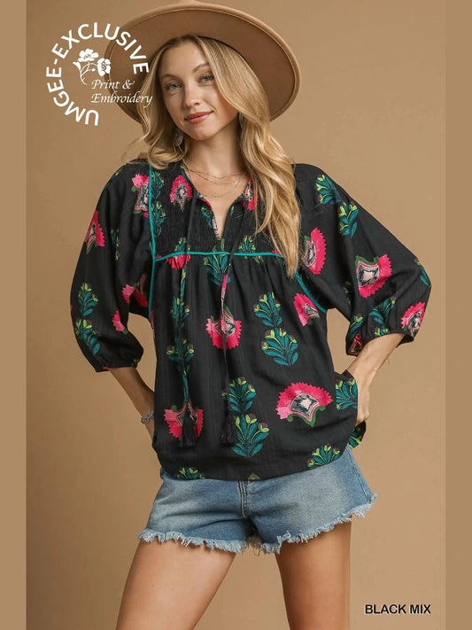 Tunic Top Black Mix Smocked Boho Tassel K1246