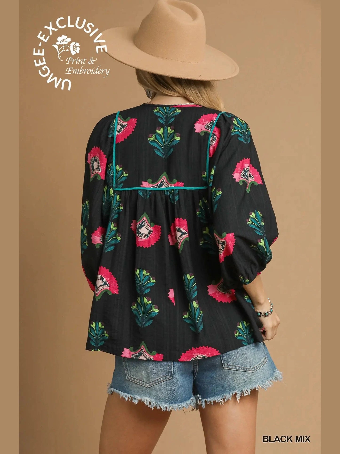 Tunic Top Black Mix Smocked Boho Tassel K1246