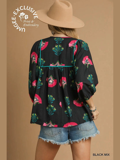 Tunic Top Black Mix Smocked Boho Tassel K1246