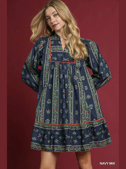 Dress Boho Baby Doll Mini Navy Mix Women's C5678 