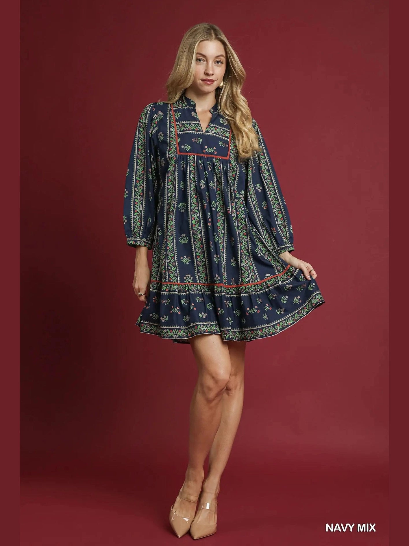 Dress Boho Baby Doll Mini Navy Mix Women's C5678 