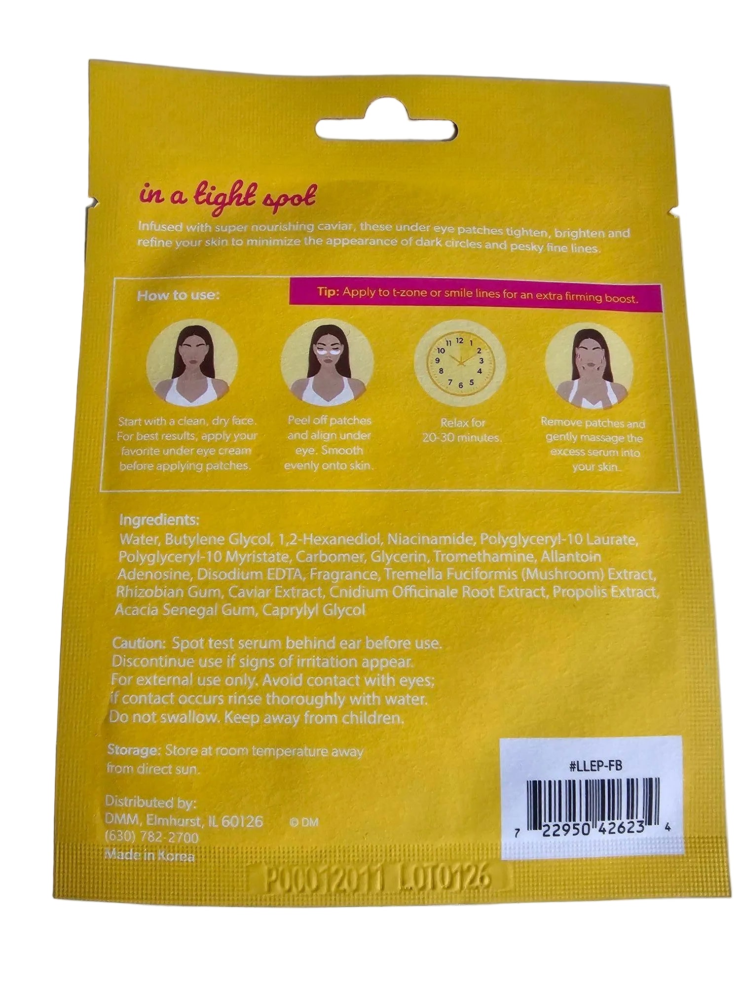 Yellow herbal supplement pouch packaging with printed instructions, ingredient list, and barcode on a light gray background.