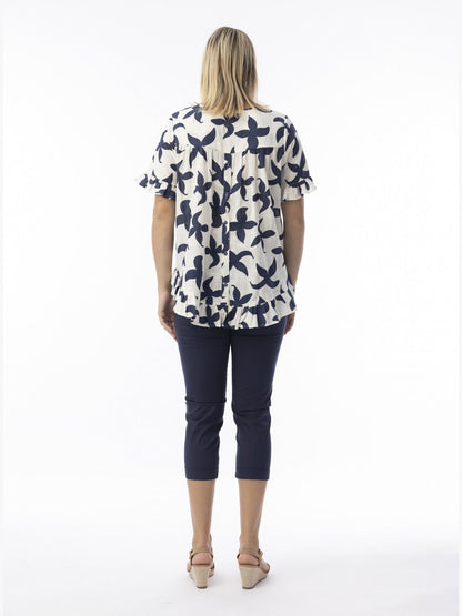 Top&nbsp; Nazca Frill Print Collared 3/4 Sleeve&nbsp; Cream&nbsp; &nbsp;42191