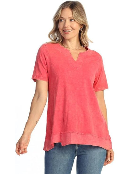Jess &amp; Jane M138-Rasp Red Notch-Neck Short&nbsp; Sleeve Women's Top
