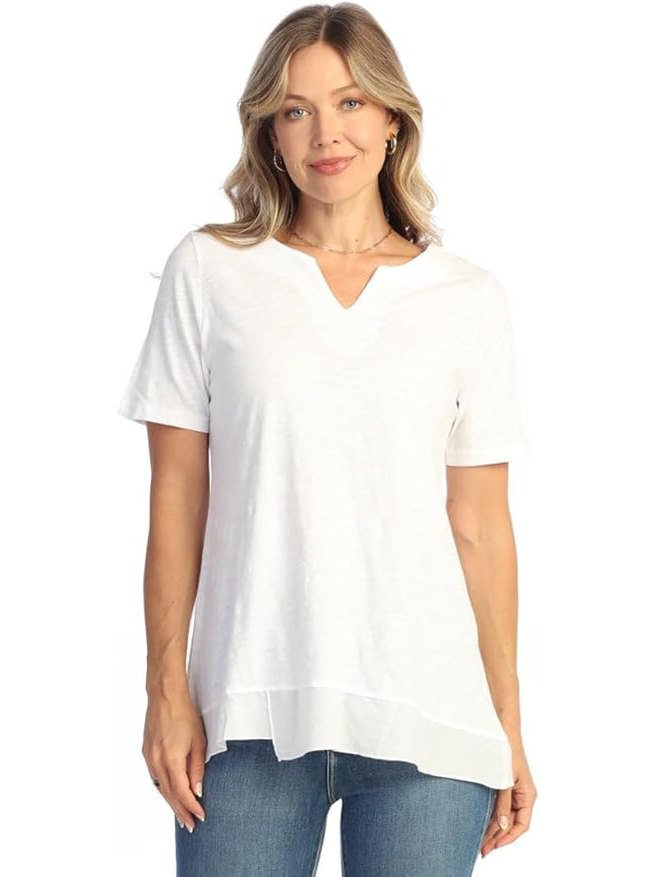 Jess &amp; Jane M138-WHT White Notch-Neck Short&nbsp; Sleeve Women's Top