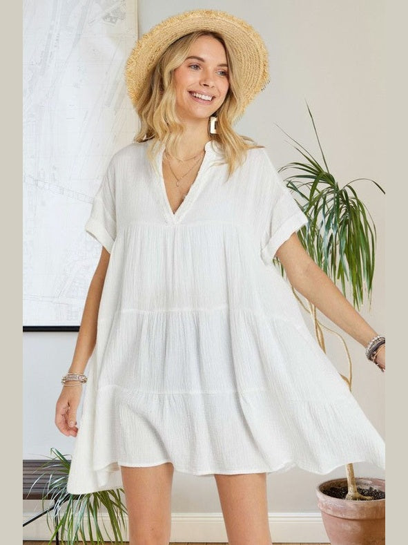 Dress Drop Shoulder Baby doll V Neck  Cotton Ivory  CED2607 