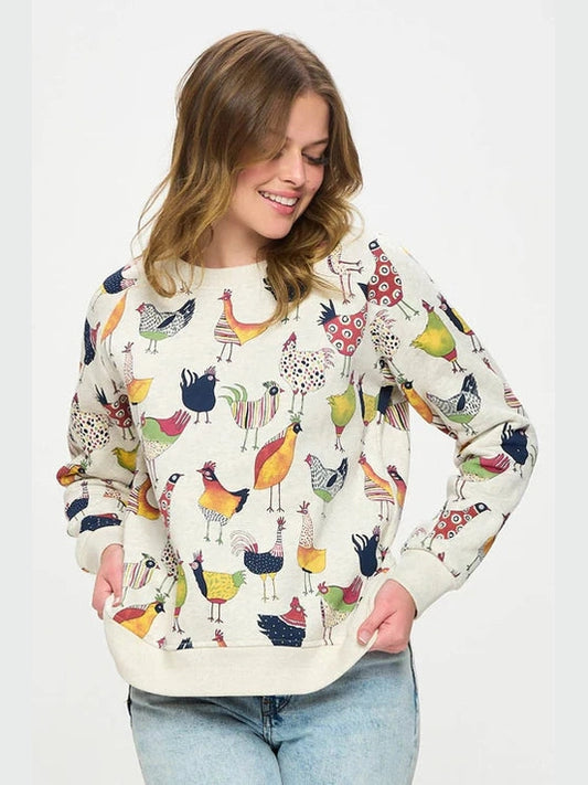 Sweat Shirt Pullover Colorful Rooster Print Women's Sw221