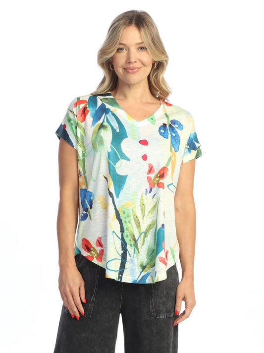 Jess &amp; Jane 60-2058 Lemonade Multi Colored Bright Floral Print&nbsp; V Neck 1/4 Short Sleeve Women's Top
