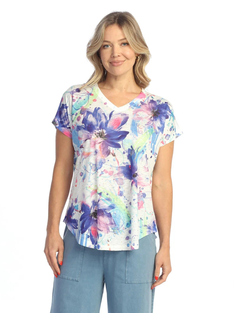 60-2083 Sophia Multi Color Floral Abstract V Neck 1/4 Short Sleeve Women's Top