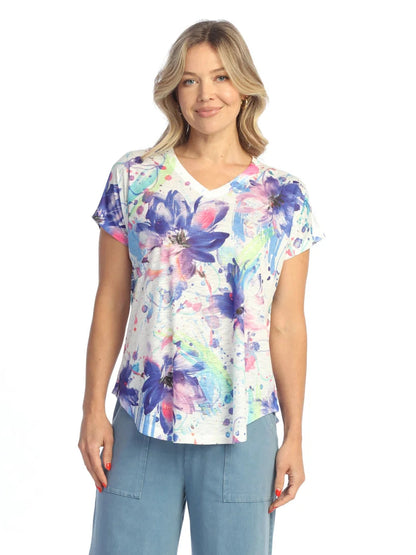 60-2083 Sophia Multi Color Floral Abstract V Neck 1/4 Short Sleeve Women's Top