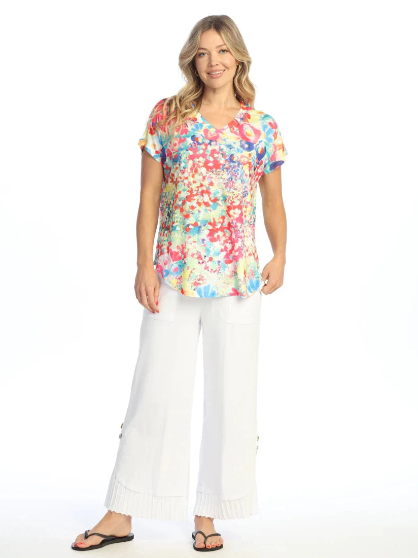 60-2085 Meadows Multi Color Floral Print  V Neck 1/4 Short Sleeve Women's Top