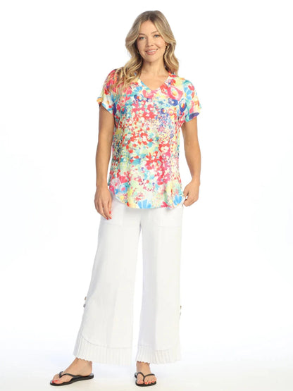 60-2085 Meadows Multi Color Floral Print  V Neck 1/4 Short Sleeve Women's Top