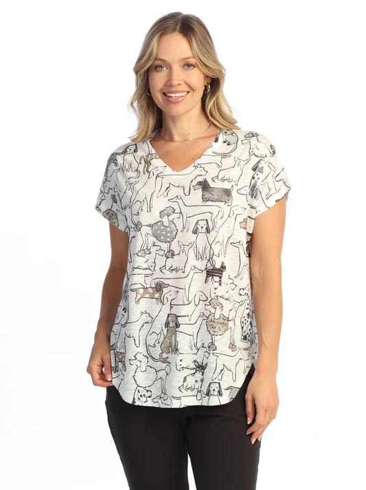 60-2119 Paw Pal White/Black Dog Print  V Neck 1/4 Short Sleeve Women's Top