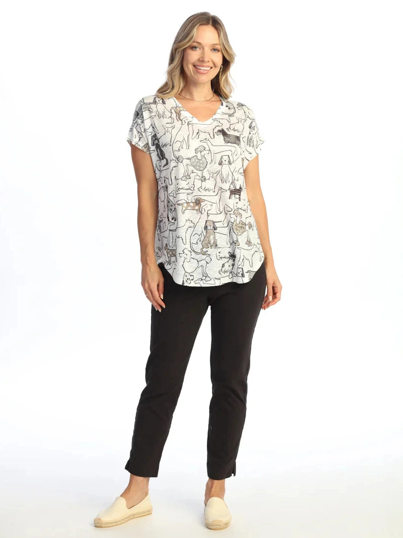 60-2119 Paw Pal White/Black Dog Print  V Neck 1/4 Short Sleeve Women's Top
