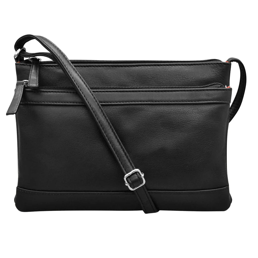 Handbag Double Zip Crossbody Bag Black Leather RFID Blocking 6028 