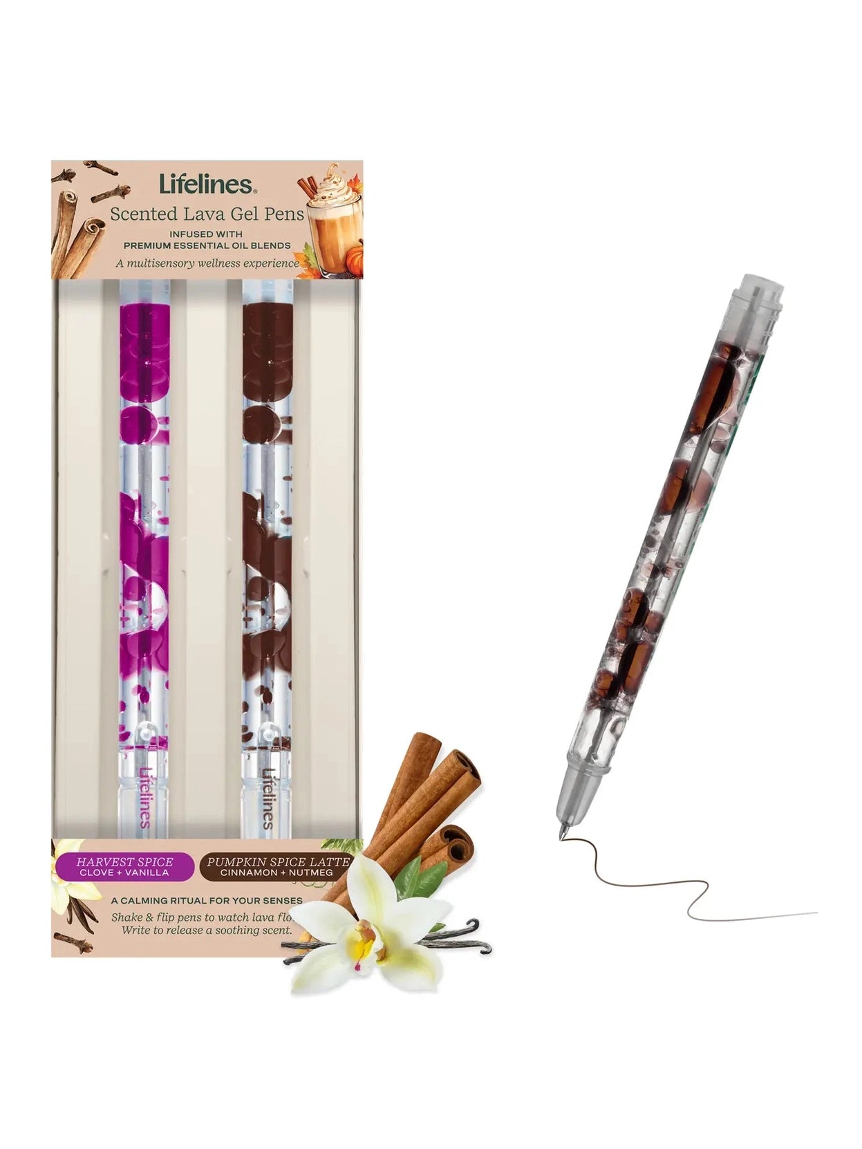 Lifelines scented lava gel pens with packaging and a single pen on a white background
