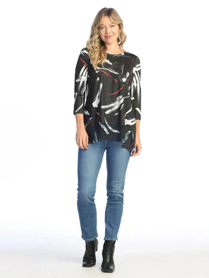 63-1961 Black White Red Abstract Colored Ripples 3/4 Sleeve Women's Top