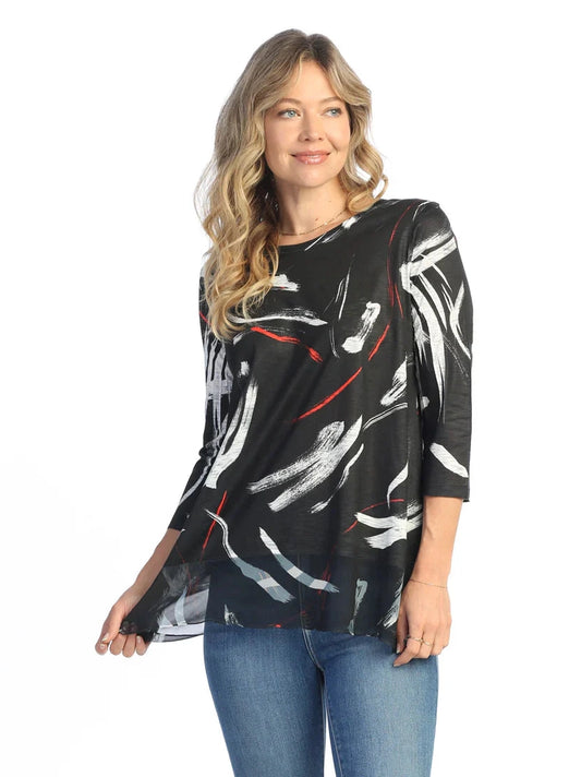 63-1961 Black White Red Abstract Colored Ripples 3/4 Sleeve Women's Top