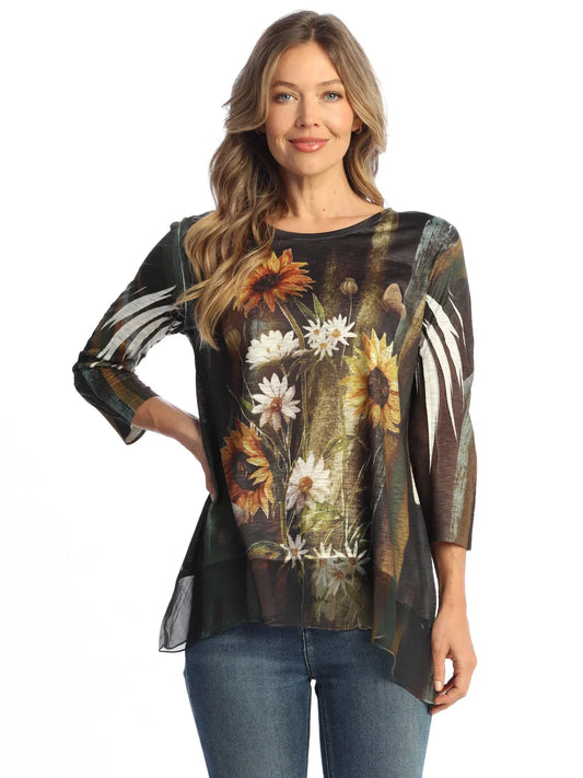 63-2131 Memories Multi Colored Sun Flower Print 3/4 Sleeve Women's Top