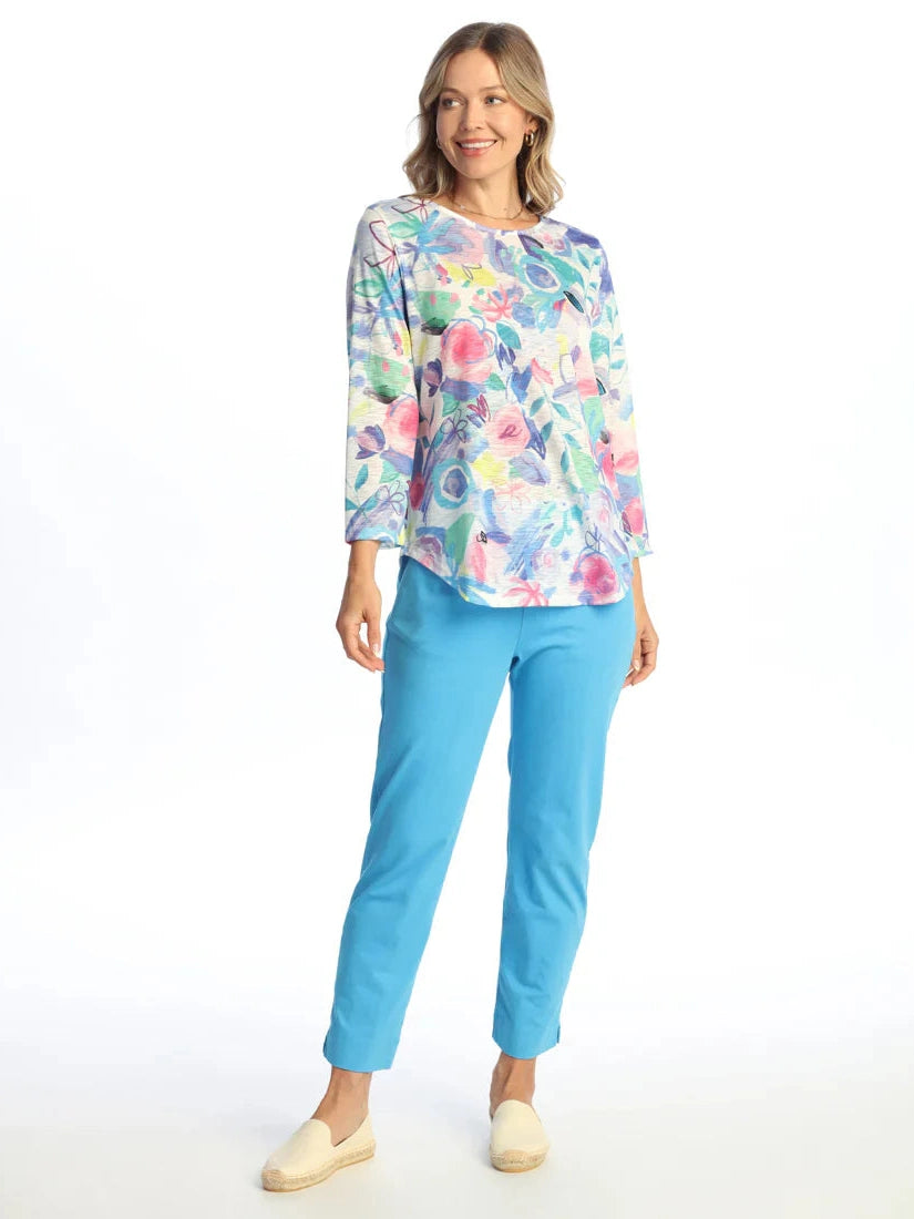 64-2169 Camelia Multi Colored Floral&nbsp; Round Neck/Hem 3/4 Sleeve Women's Top