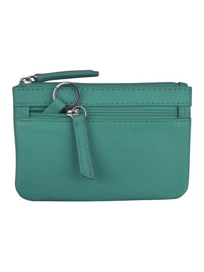 Wallet Coin Purse Aqua Leather 2 Zipper Pockets With Key Ring Rfid Protected 6413