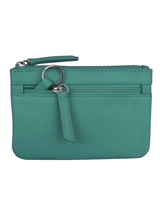 Wallet Coin Purse Aqua Leather 2 Zipper Pockets With Key Ring Rfid Protected 6413
