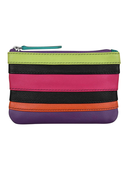 Wallet Coin Purse Black Brights Multi Colored  Leather 2 Zipper Pockets With Key Ring Rfid Protected 6413C
