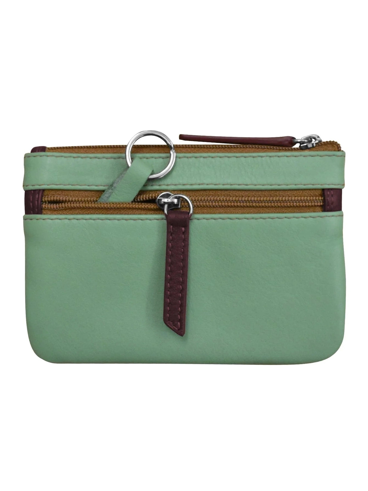 Wallet Coin Purse Sage Multi Colored  Leather 2 Zipper Pockets With Key Ring Rfid Protected 6413C