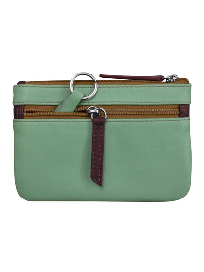 Wallet Coin Purse Sage Multi Colored  Leather 2 Zipper Pockets With Key Ring Rfid Protected 6413C