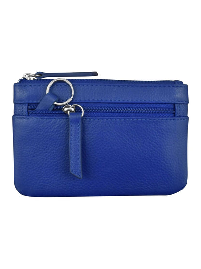 Wallet Coin Purse Cobalt Leather 2 Zipper Pockets With Key Ring Rfid Protected 6413