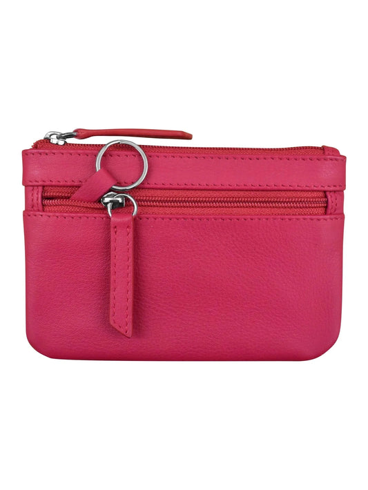 Wallet Coin Purse Indian Pink Leather 2 Zipper Pockets With Key Ring Rfid Protected 6413