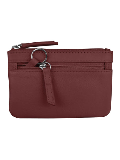 Wallet Coin Purse Merlot Leather 2 Zipper Pockets With Key Ring Rfid Protected 6413