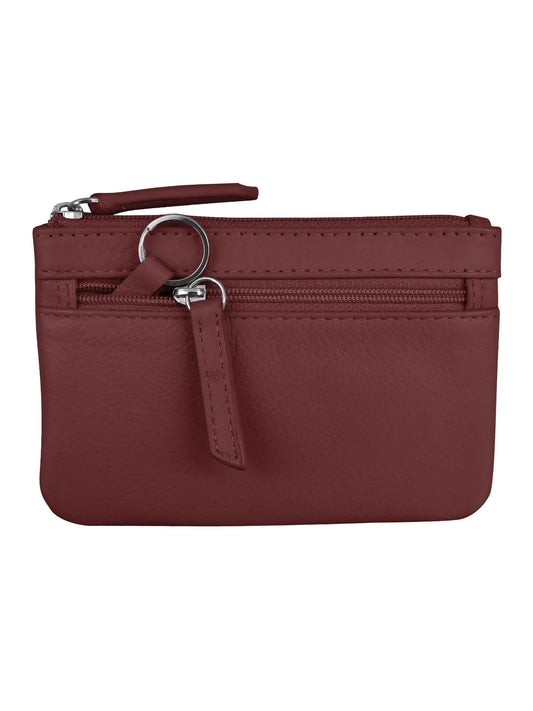 Wallet Coin Purse Merlot Leather 2 Zipper Pockets With Key Ring Rfid Protected 6413