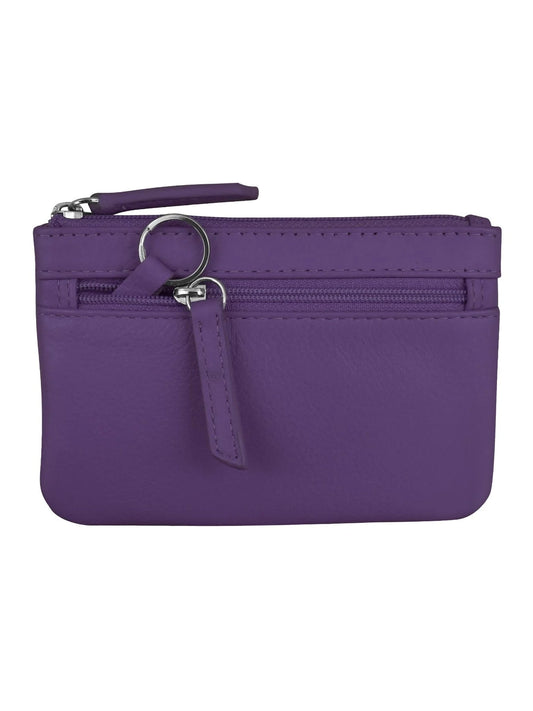Wallet Coin Purse Purple Leather 2 Zipper Pockets With Key Ring Rfid Protected 6413