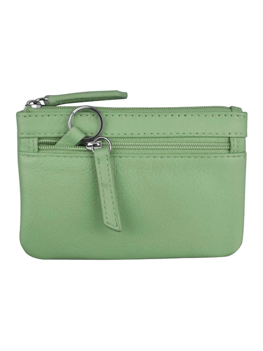 Wallet Coin Purse Sage Leather 2 Zipper Pockets With Key Ring Rfid Protected 6413