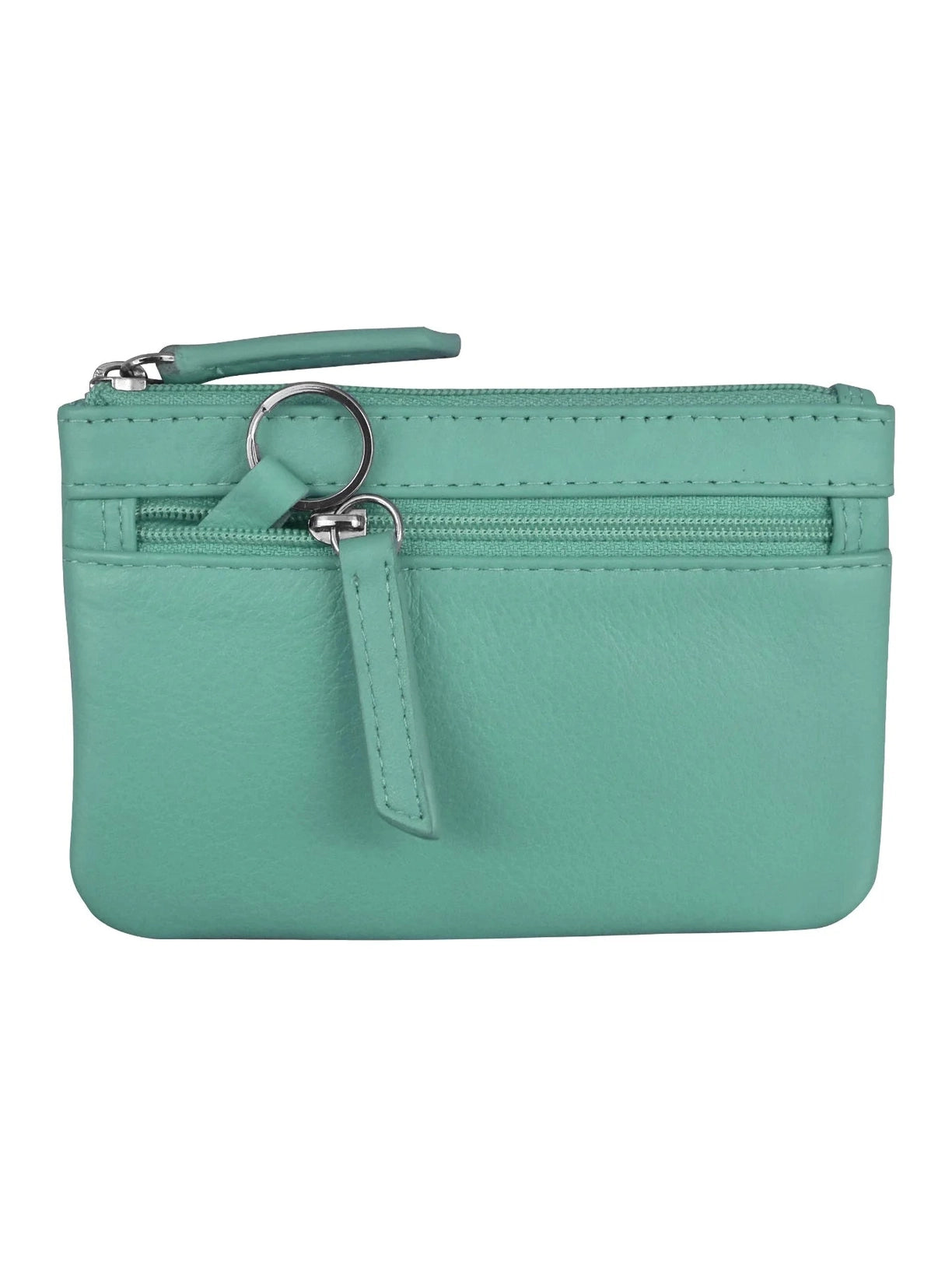 Wallet Coin Purse Turquoise Leather 2 Zipper Pockets With Key Ring Rfid Protected 6413