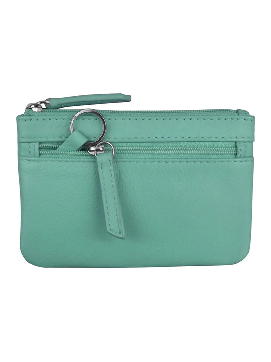 Wallet Coin Purse Turquoise Leather 2 Zipper Pockets With Key Ring Rfid Protected 6413