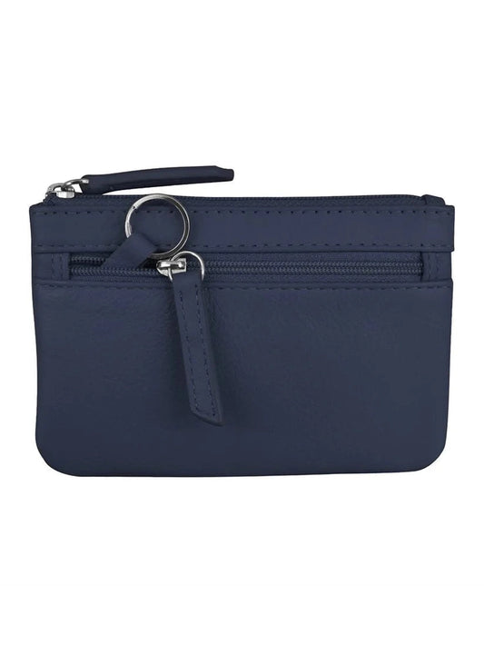Wallet Coin Purse Classic Navy Leather 2 Zipper Pockets With Key Ring Rfid Protected 6413