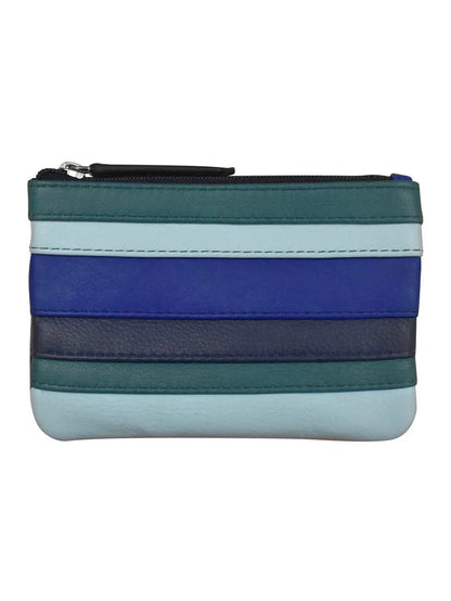 Wallet Coin Purse Denim Multi Colored  Leather 2 Zipper Pockets With Key Ring Rfid Protected 6413C