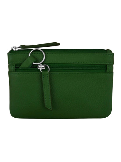 Wallet Coin Purse Hunter Green Leather 2 Zipper Pockets With Key Ring Rfid Protected 6413