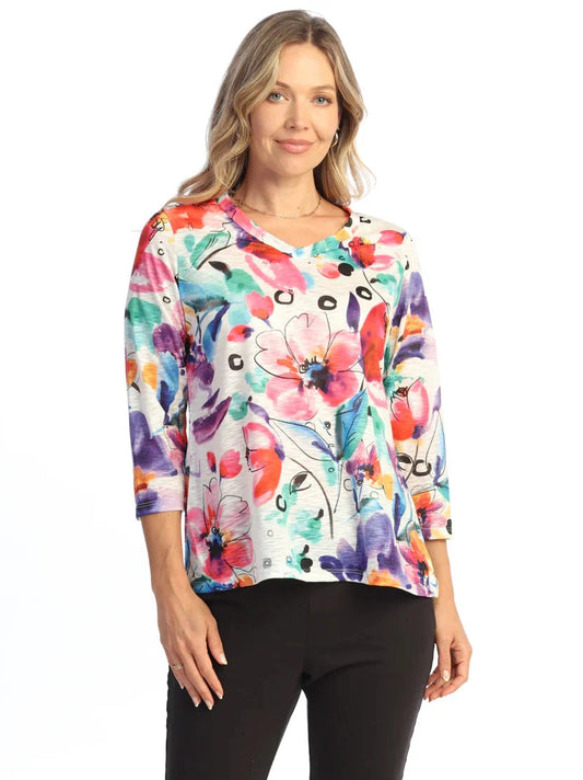 65-2174 Water Color  Multi Colored Floral  V- Neck 3/4 Sleeve With Side Slits Women's Top