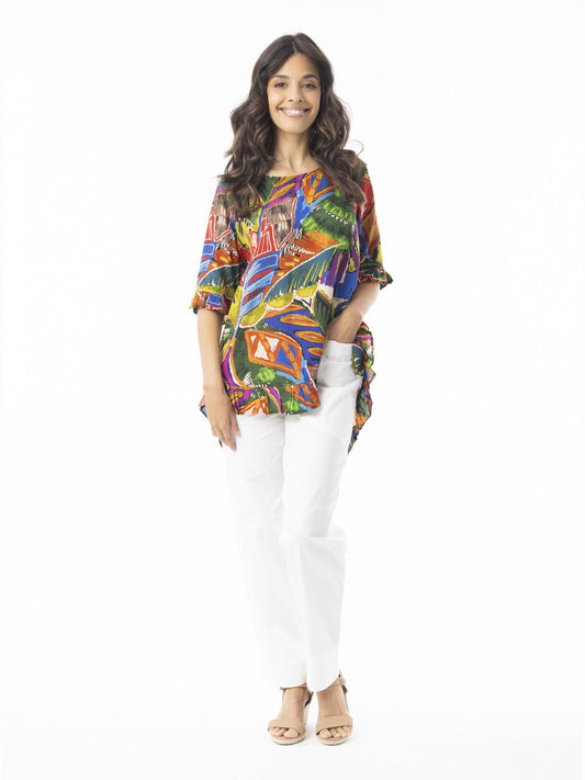 Top Torqua Frill Short Sleeve Ruffle Bottom Button Back Multi Colored Abstract Print 92122