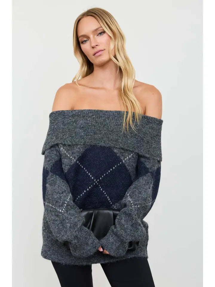 Blu Pepper-Sweater Pullover Oversized Charcoal/Black Argyle Wide Fold&nbsp; Women's TWS1322CC