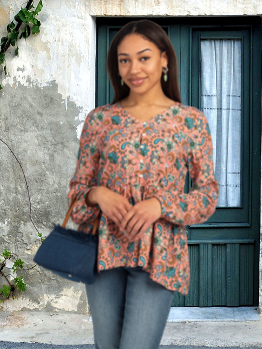 Top Printed Empire Waist Long Sleeve 2 Colors Stop302 