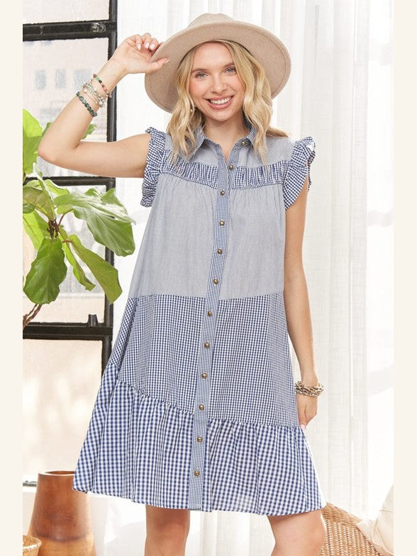 Dress Button Down Blue Plaid Cotton  CED2690 