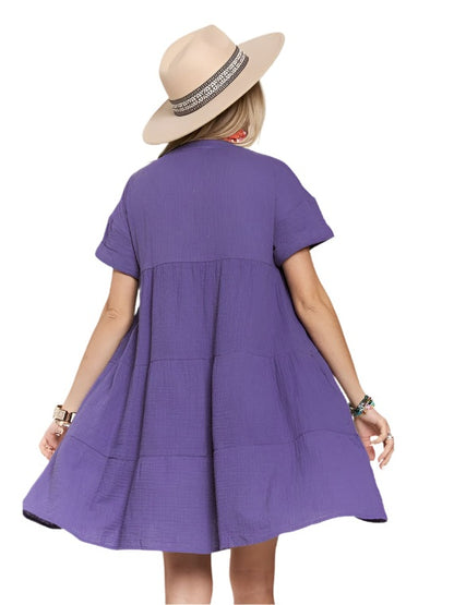 Dress Drop Shoulder Baby Doll V Neck  Cotton  Purple    CED2607 