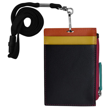 Wallet I.D. Holder Vertical Zipper With Lanyard Black Brights Leather RFID Blocking 7118 