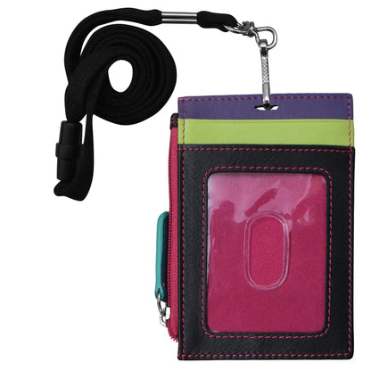 Wallet I.D. Holder Vertical Zipper With Lanyard Black Brights Leather RFID Blocking 7118 